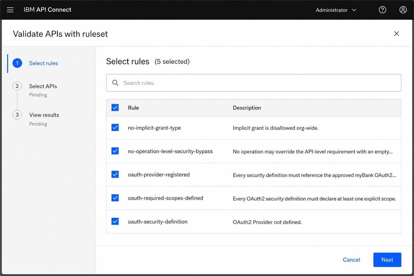 Select rules screen for mybank-oauth-check